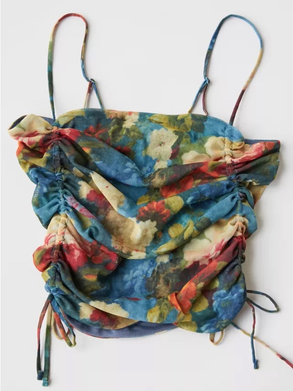 Urban Outfitters Tasmin Mesh Ruched Cropped Cami in Blue, Yellow, Green, Red